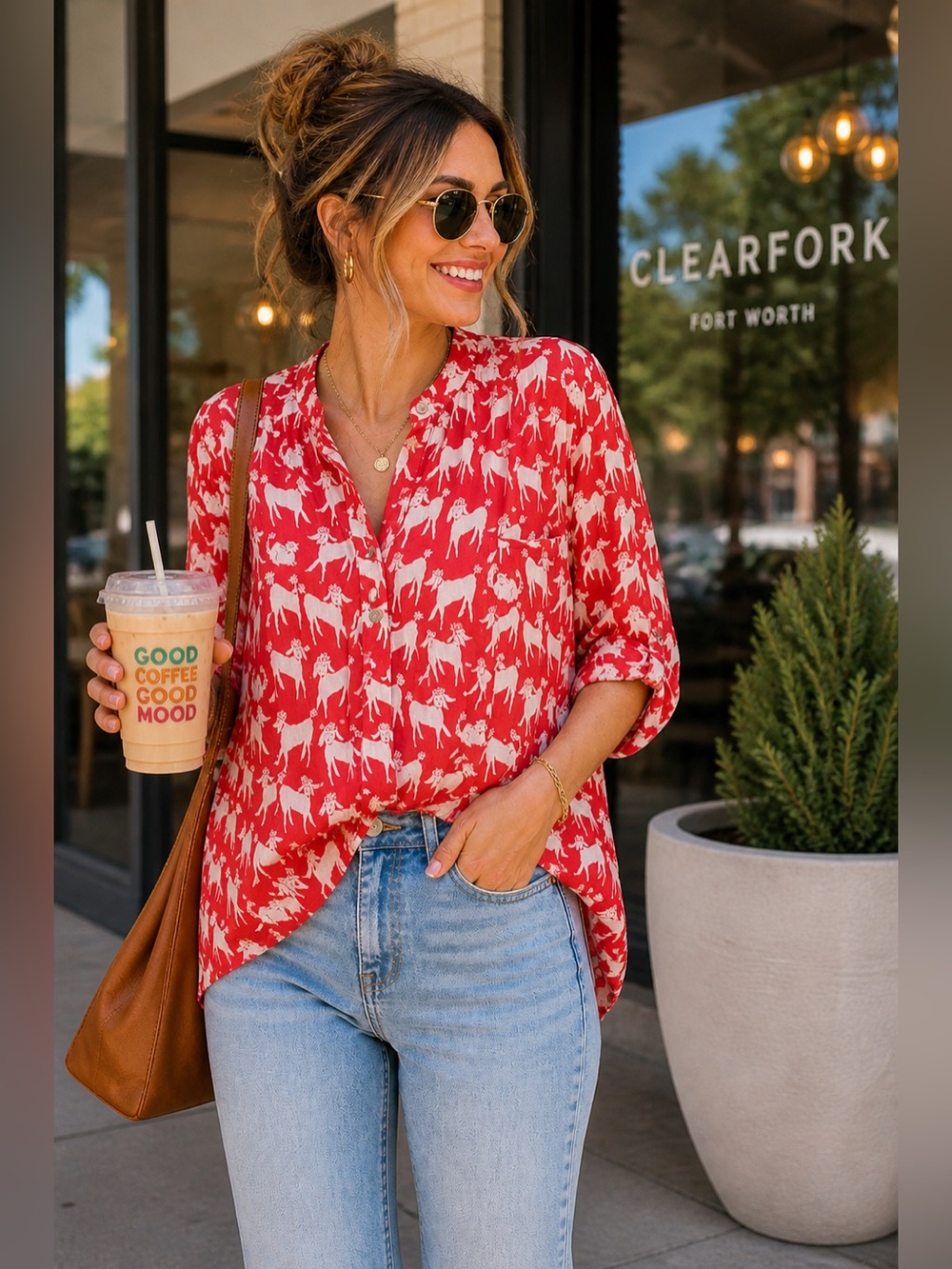 Anthropologie Emily Isabella Red Orange Dog & Cat Print Blouse L Whimsical Top - Picture 2 of 7
